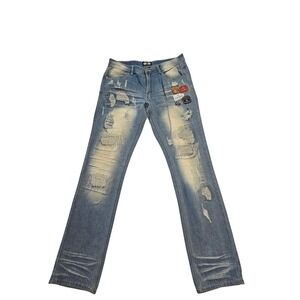 Gray Earth‎ Mens Distressed Multi Patch Light Wash Straight Leg Jeans Size 34